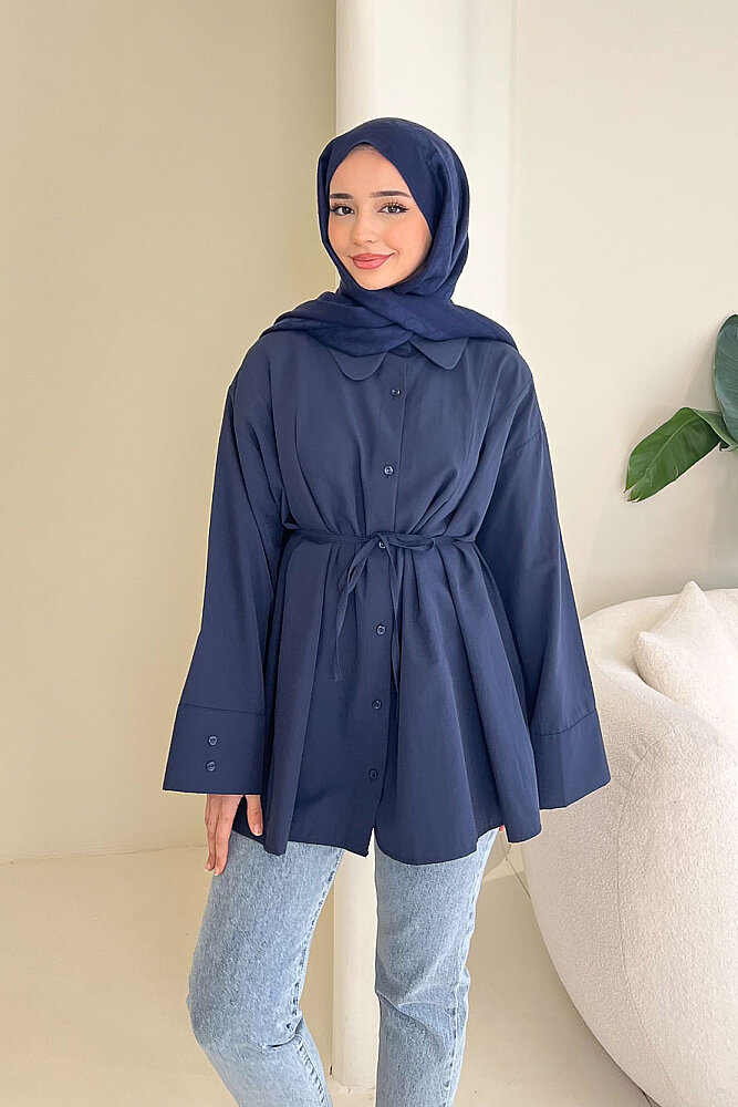 Bağcık Detaylı Pileli Gömlek - Lacivert - ENMA (4)