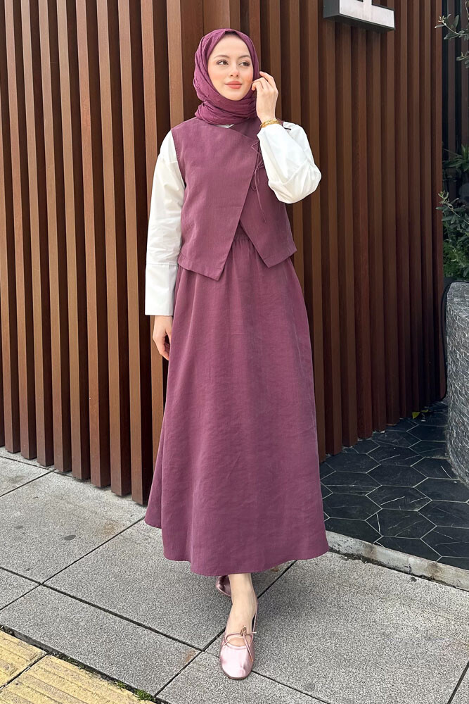 Bağcık Detaylı Yelekli Takım - Bordo - 2