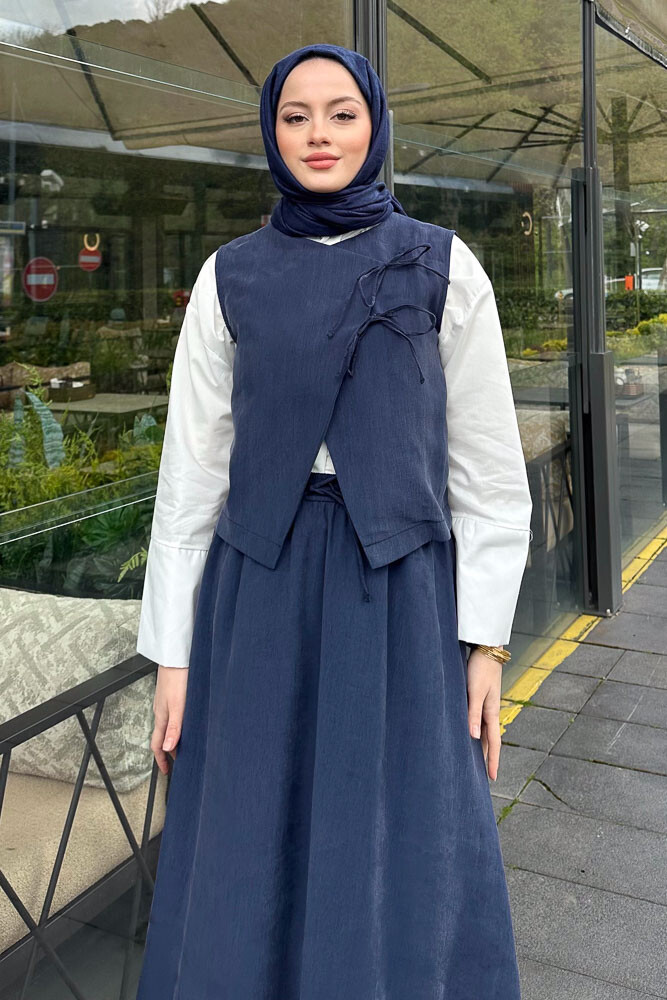 Bağcık Detaylı Yelekli Takım - Lacivert - 7