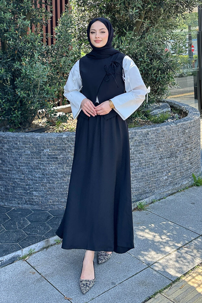 Bağcık Detaylı Yelekli Takım - Siyah - 2