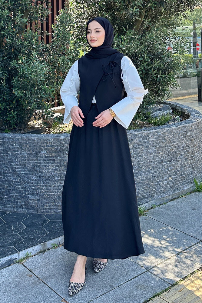 Bağcık Detaylı Yelekli Takım - Siyah - 4
