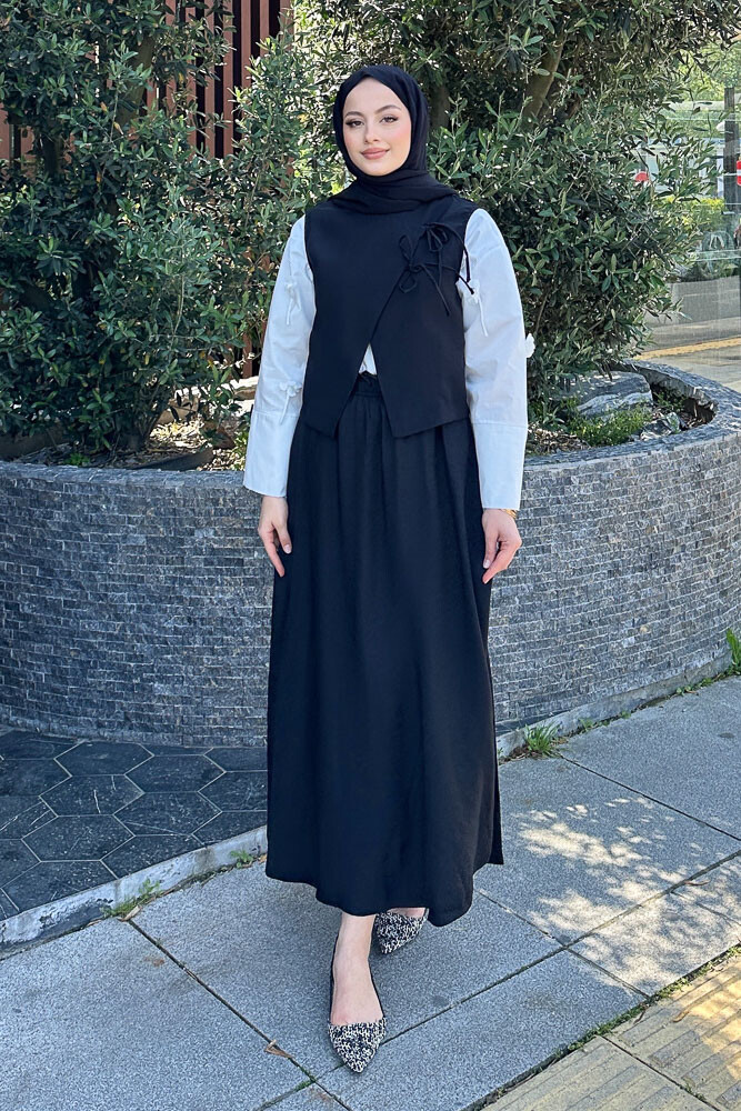 Bağcık Detaylı Yelekli Takım - Siyah - 1