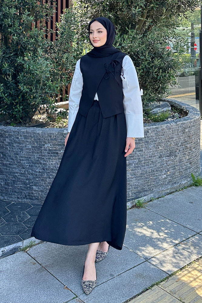 Bağcık Detaylı Yelekli Takım - Siyah - 3