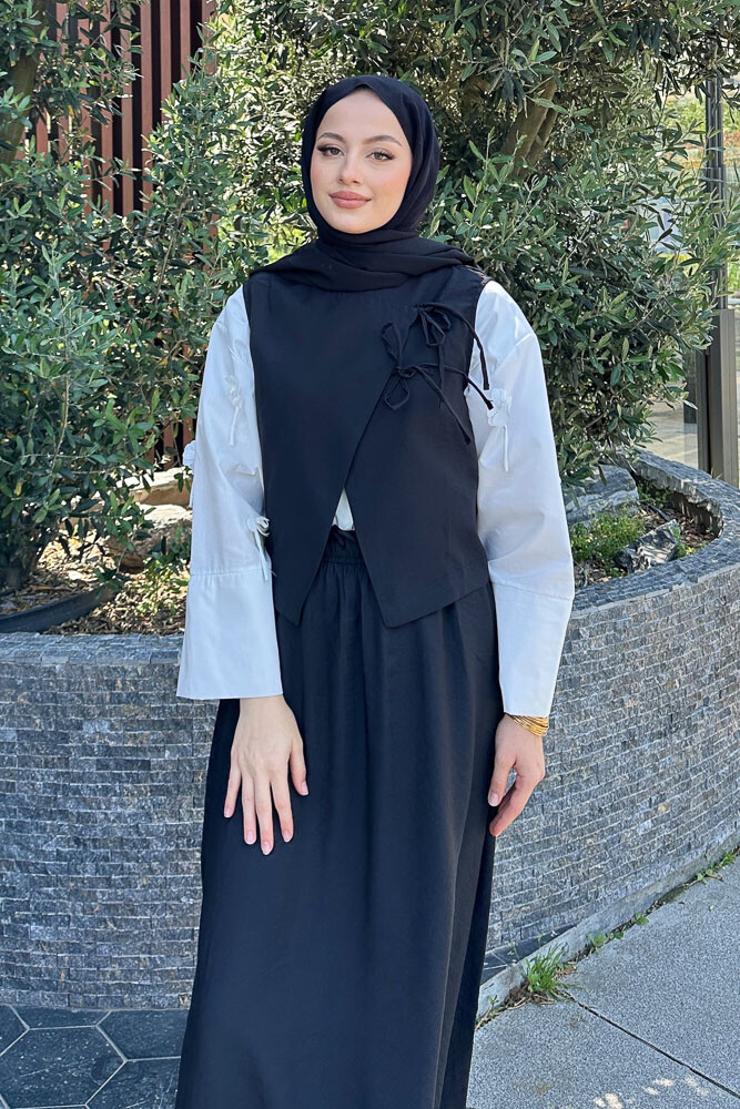 Bağcık Detaylı Yelekli Takım - Siyah - 6