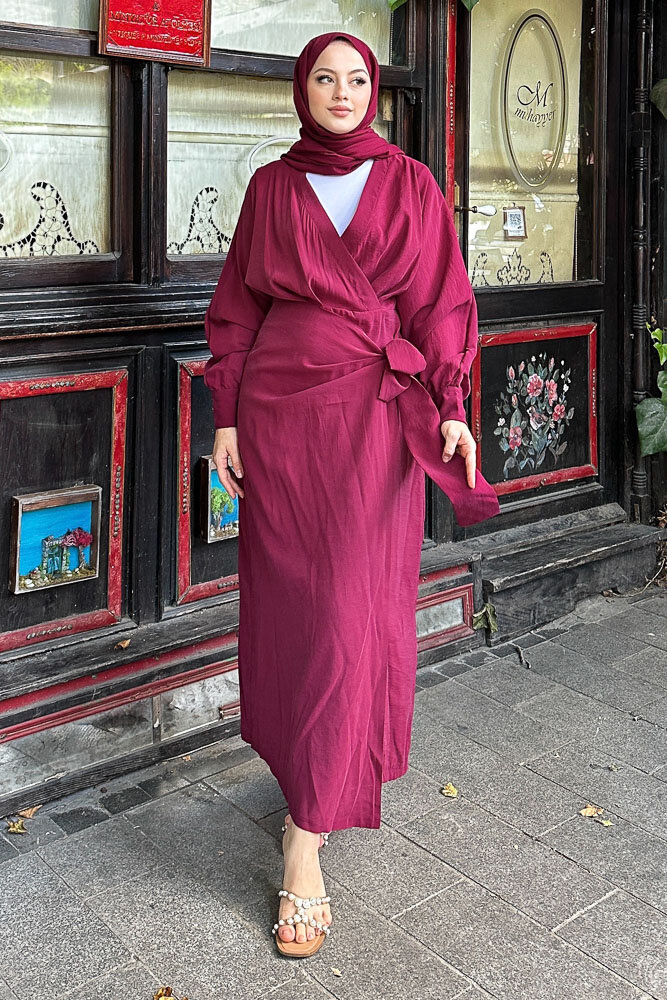 Bağlama Detaylı Elbise - Bordo - 6