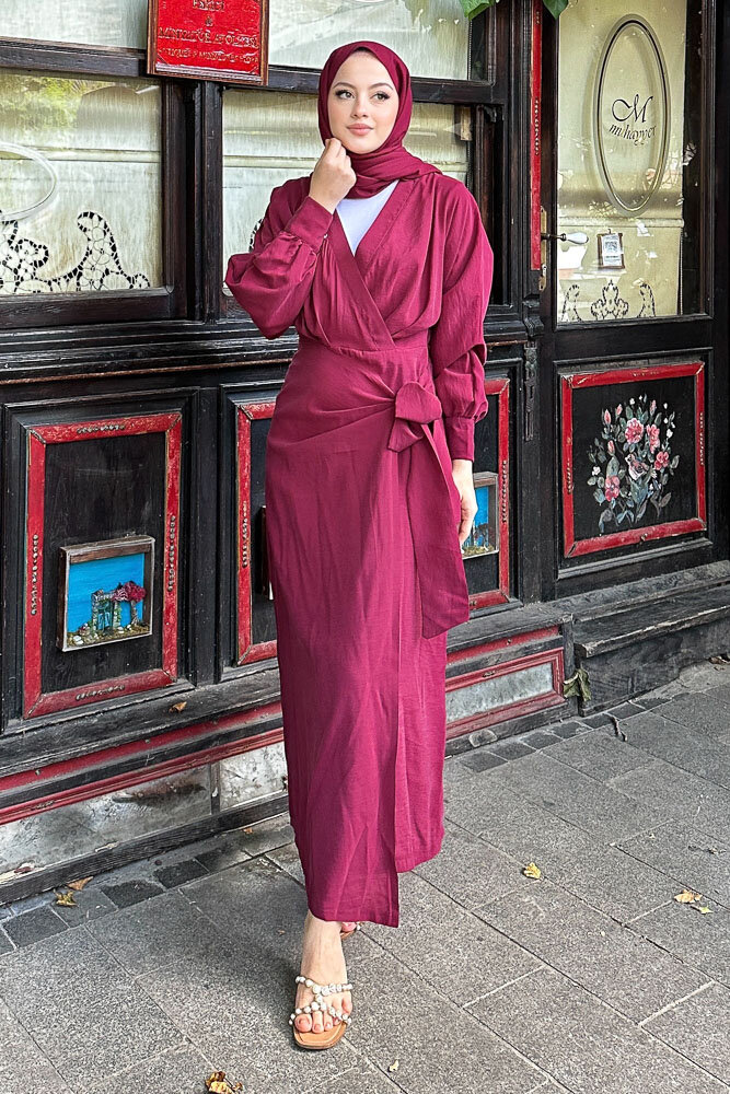 Bağlama Detaylı Elbise - Bordo - 1