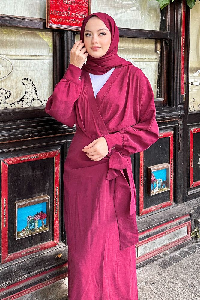 Bağlama Detaylı Elbise - Bordo - 5
