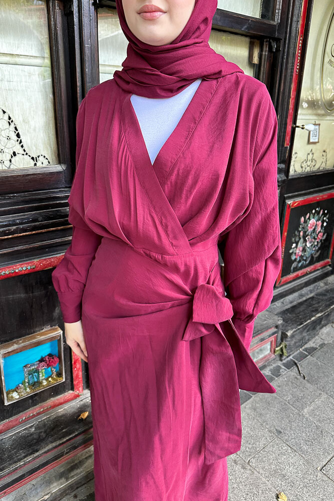 Bağlama Detaylı Elbise - Bordo - 3