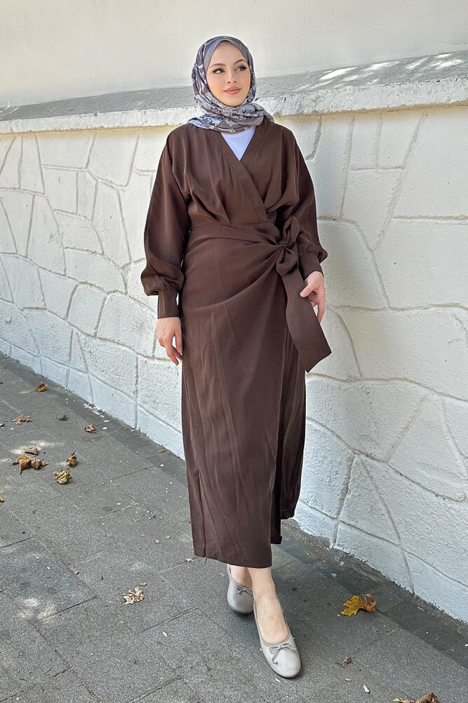 Bağlama Detaylı Elbise - Kahverengi - 8