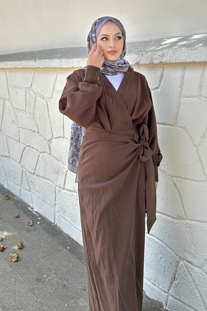 Bağlama Detaylı Elbise - Kahverengi - 4