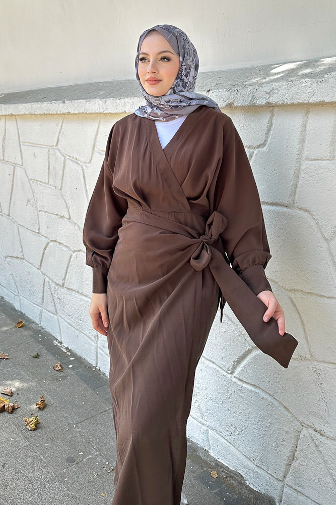 Bağlama Detaylı Elbise - Kahverengi - 2