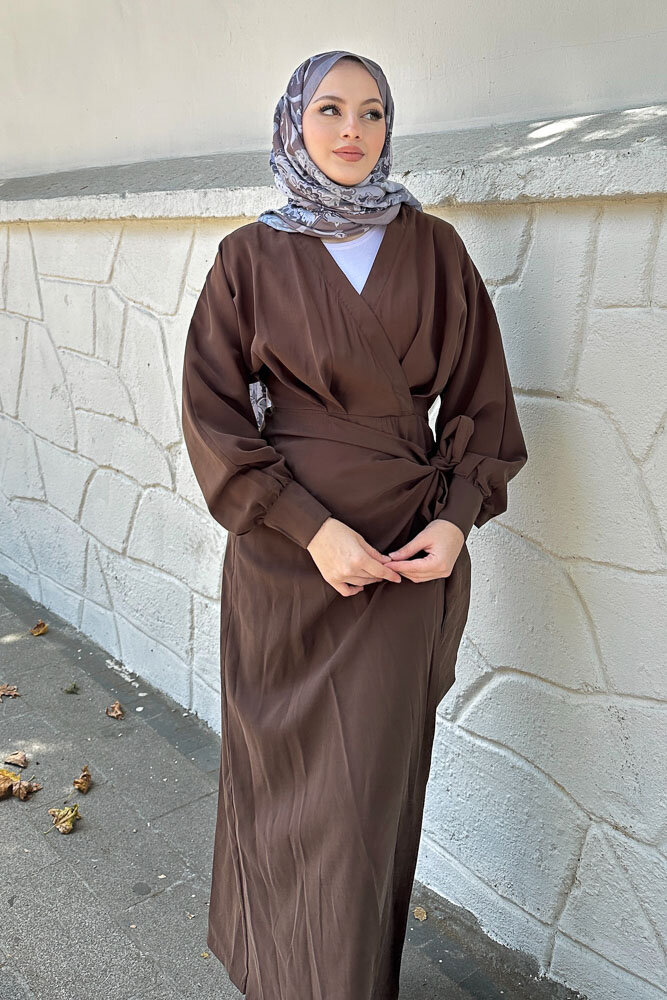 Bağlama Detaylı Elbise - Kahverengi - 7