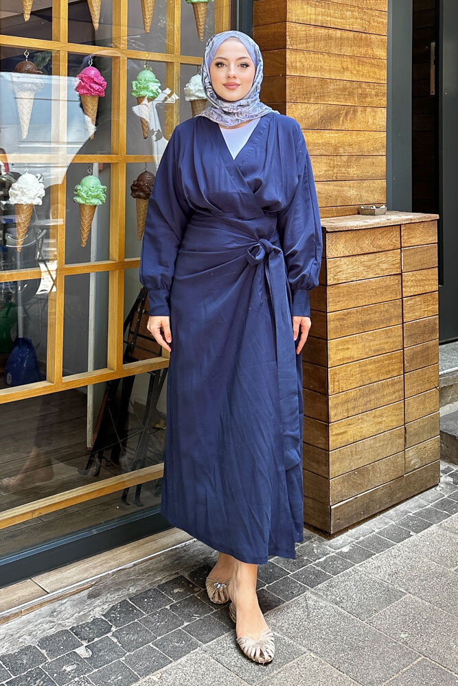 Bağlama Detaylı Elbise - Lacivert - 4