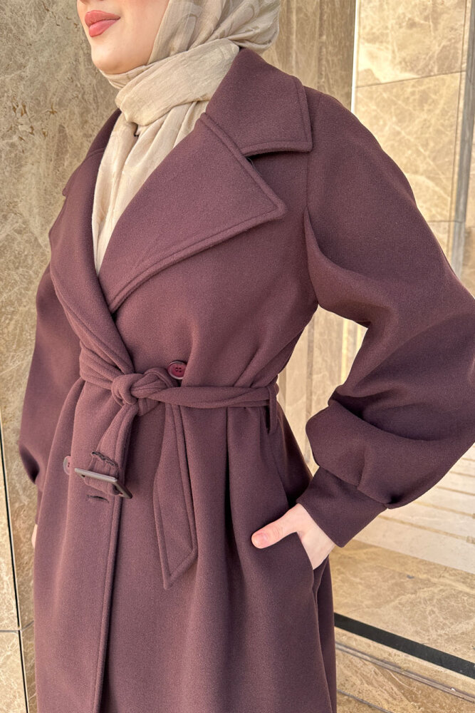 Balon Kol Kaşe Kaban - Çikolata - 6