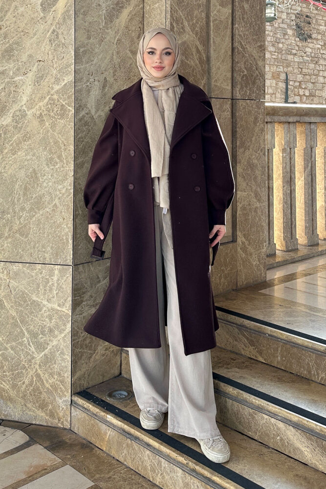 Balon Kol Kaşe Kaban - Çikolata - 4