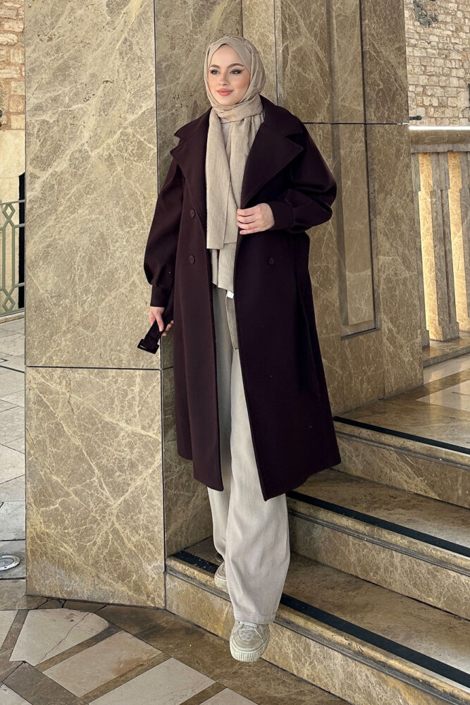 Balon Kol Kaşe Kaban - Çikolata - 1