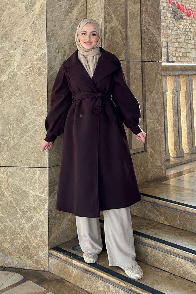 Balon Kol Kaşe Kaban - Çikolata - LİNE (4)