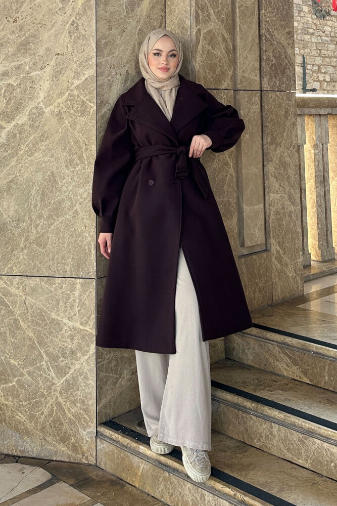 Balon Kol Kaşe Kaban - Çikolata - 2