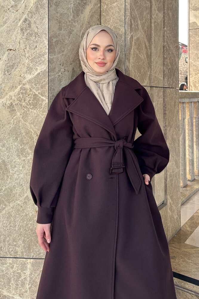 Balon Kol Kaşe Kaban - Çikolata - 7