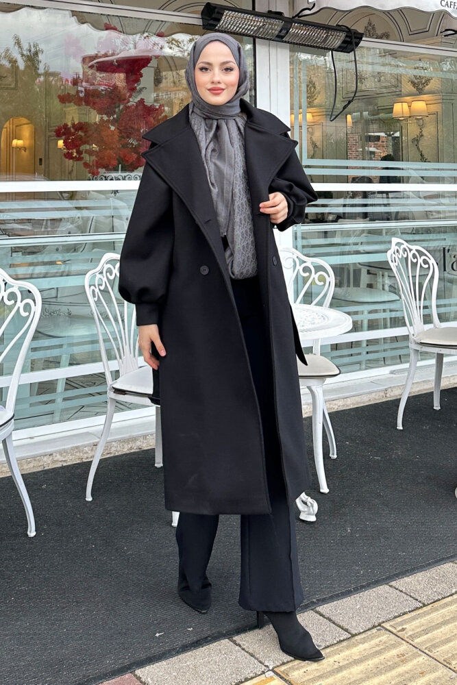 Balon Kol Kaşe Kaban - Siyah - LİNE (3)