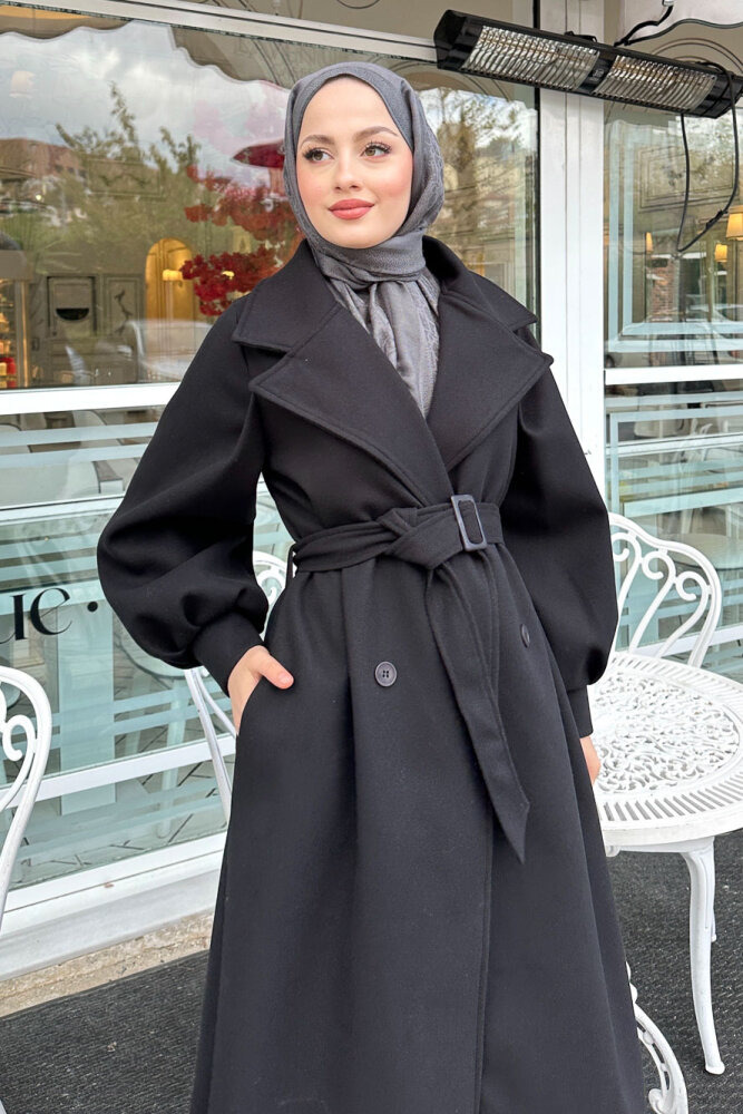 Balon Kol Kaşe Kaban - Siyah - 7
