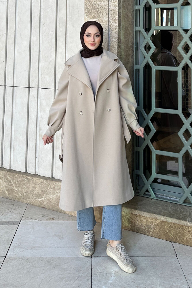 Balon Kol Kaşe Kaban - Taş Rengi - LİNE (0)