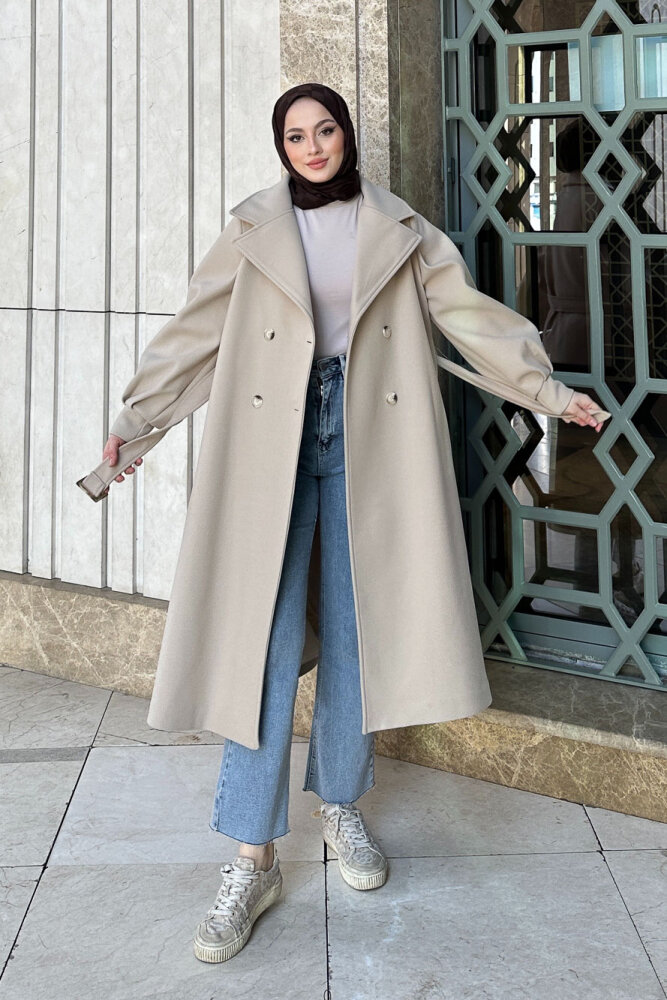 Balon Kol Kaşe Kaban - Taş Rengi - LİNE (3)