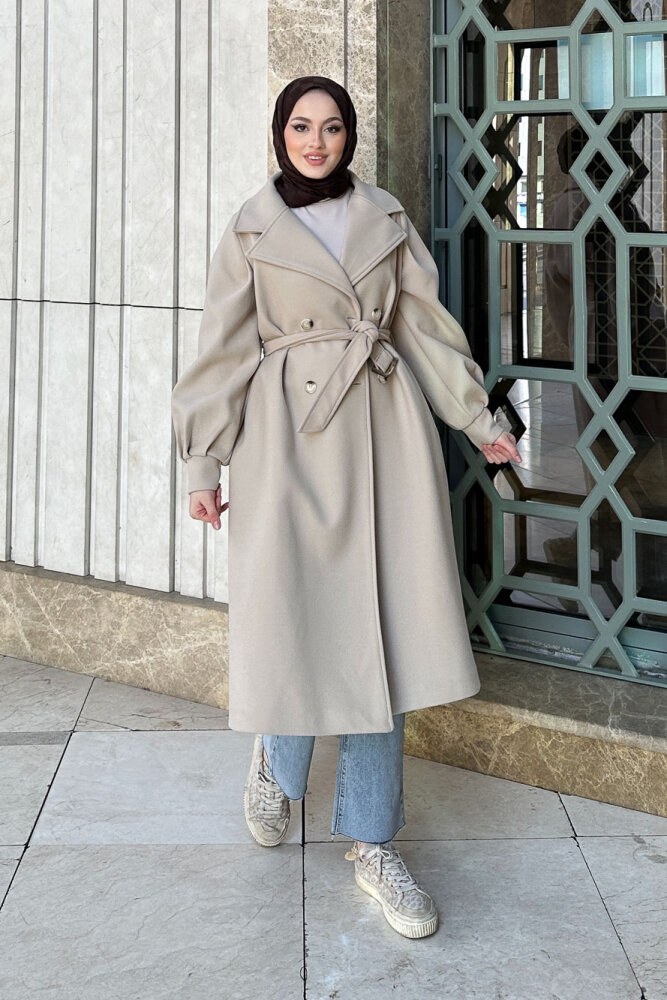 Balon Kol Kaşe Kaban - Taş Rengi - LİNE (5)