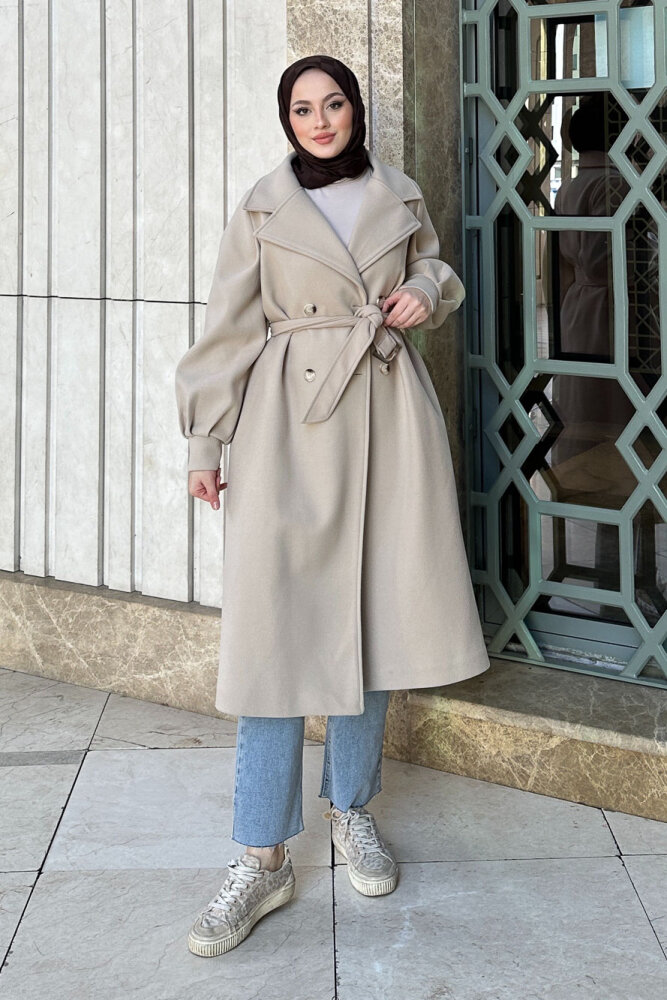 Balon Kol Kaşe Kaban - Taş Rengi - LİNE (1)