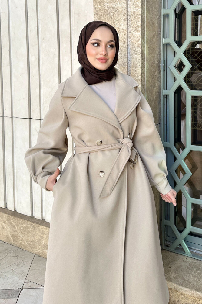 Balon Kol Kaşe Kaban - Taş Rengi - 7