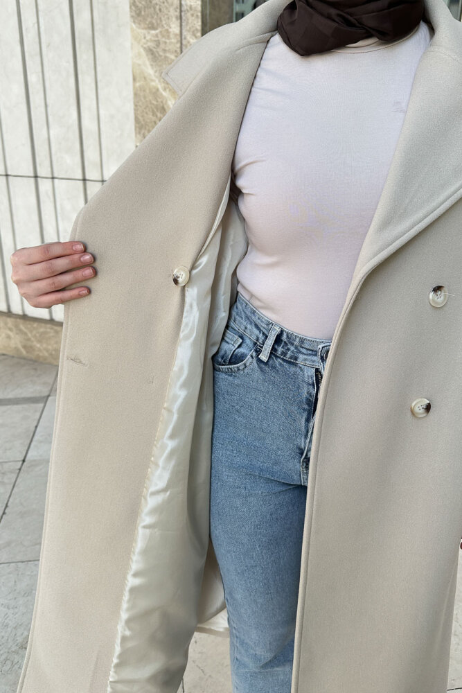 Balon Kol Kaşe Kaban - Taş Rengi - 3