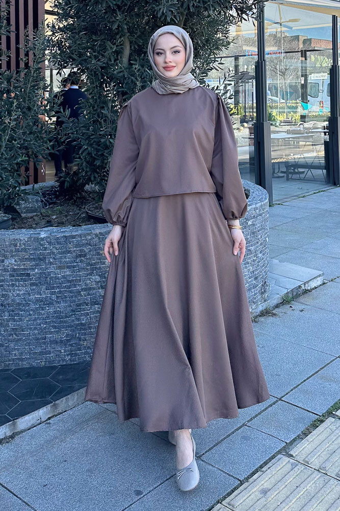Balon Kol Saten Etekli Takım - Kahverengi - 6