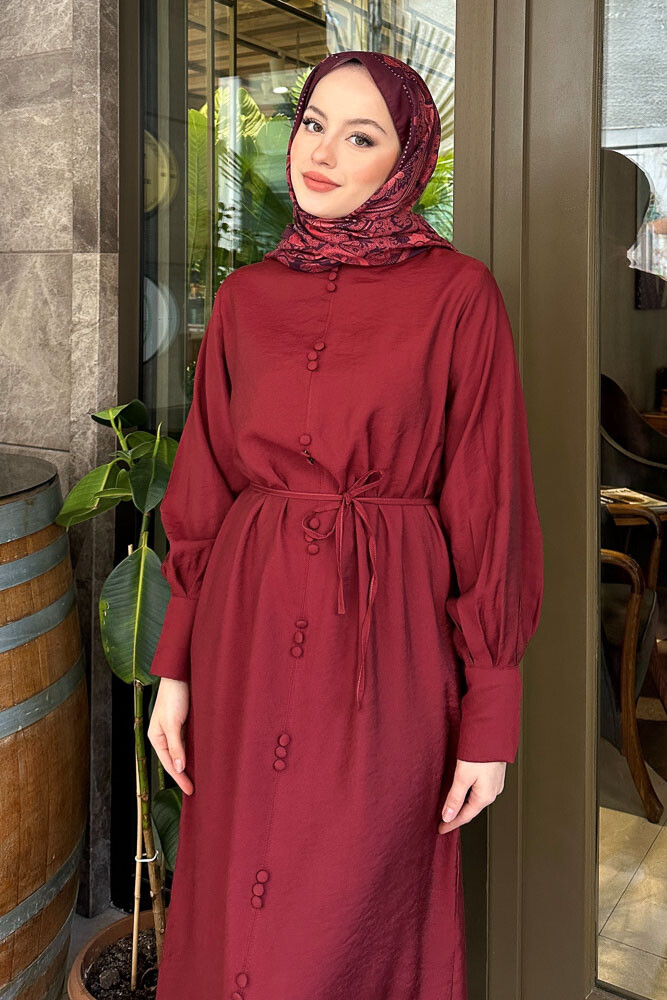 Balon Kol Süs Düğmeli Elbise - Bordo - 2