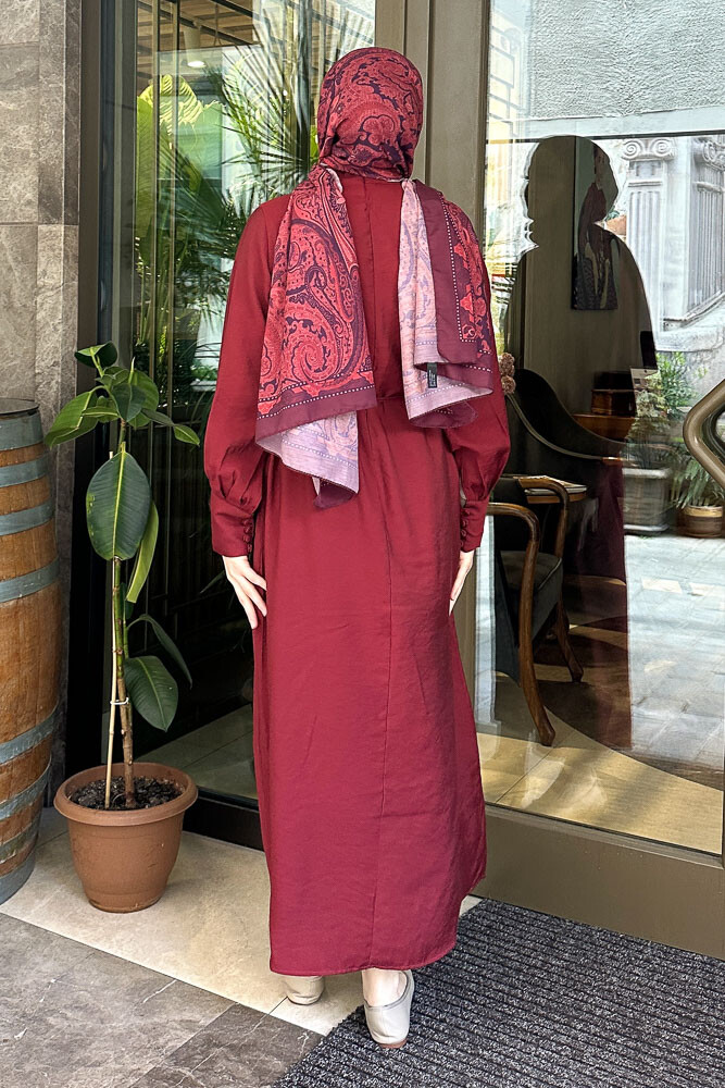 Balon Kol Süs Düğmeli Elbise - Bordo - 8
