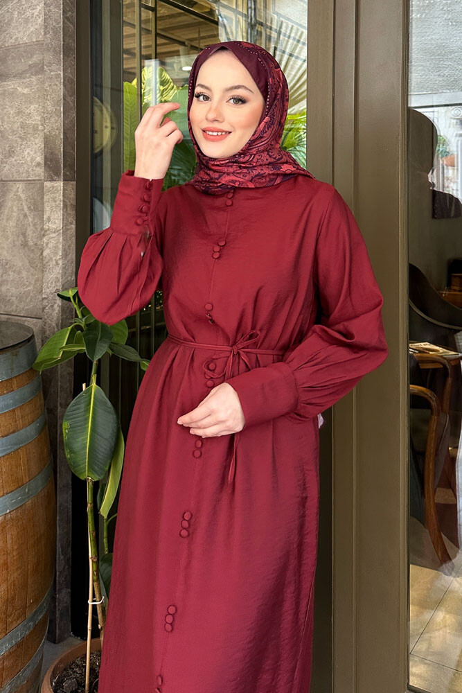 Balon Kol Süs Düğmeli Elbise - Bordo - 7
