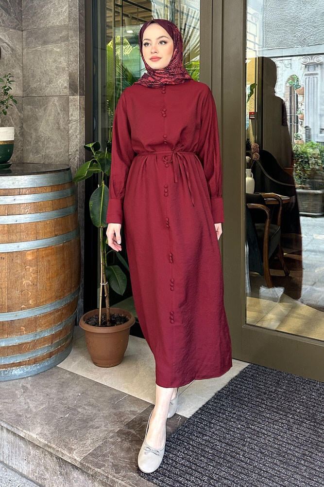 Balon Kol Süs Düğmeli Elbise - Bordo 