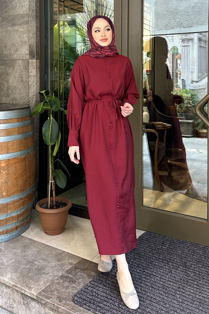 Balon Kol Süs Düğmeli Elbise - Bordo - 3
