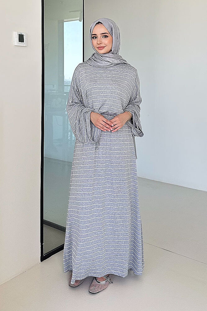Basic Penye Elbise - Çizgili Gri - ALLMİSS (0)