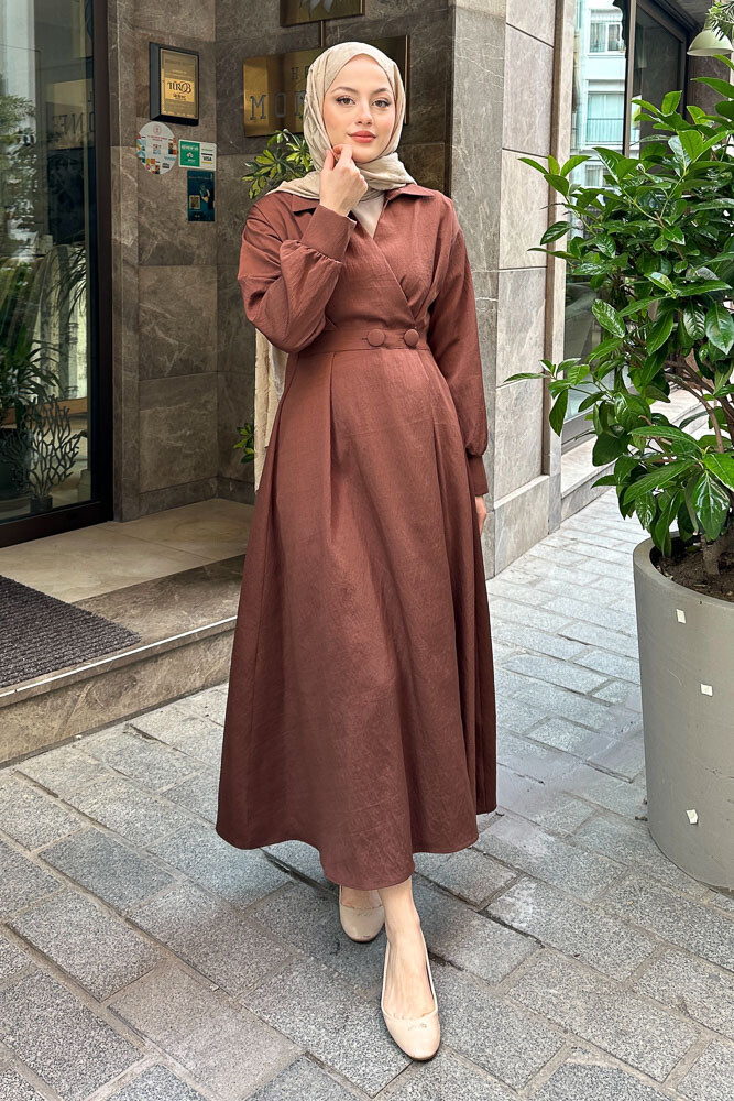 Belden Düğmeli Elbise - Acı Kahve - 7