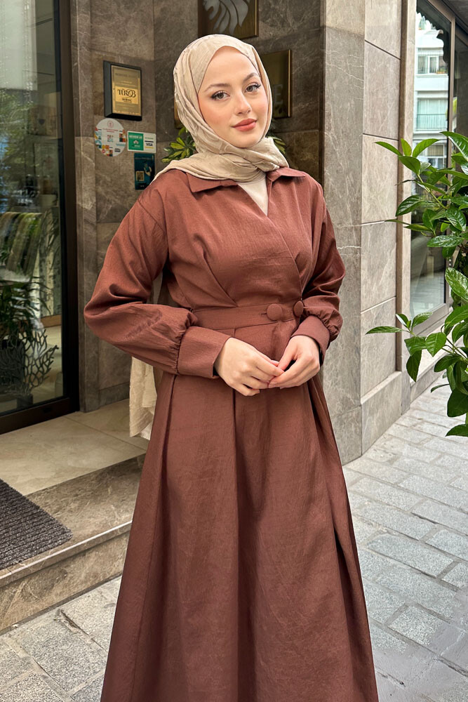 Belden Düğmeli Elbise - Acı Kahve - 1