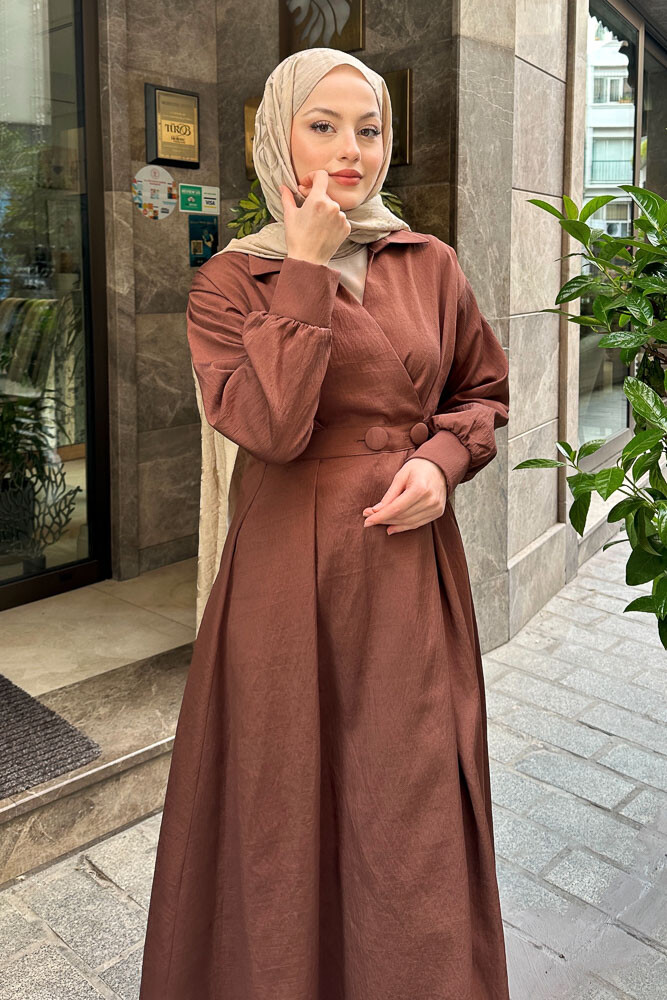 Belden Düğmeli Elbise - Acı Kahve - 4