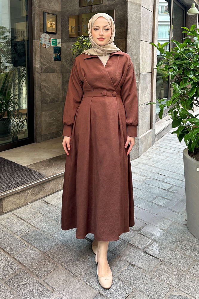Belden Düğmeli Elbise - Acı Kahve - 6