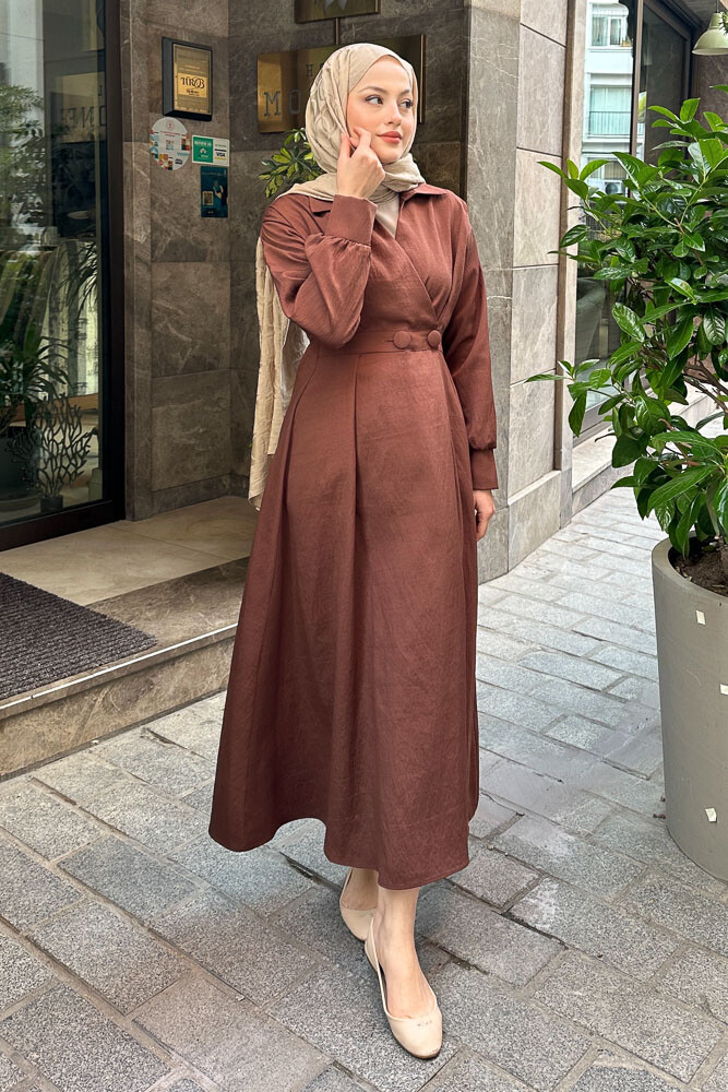 Belden Düğmeli Elbise - Acı Kahve - 3