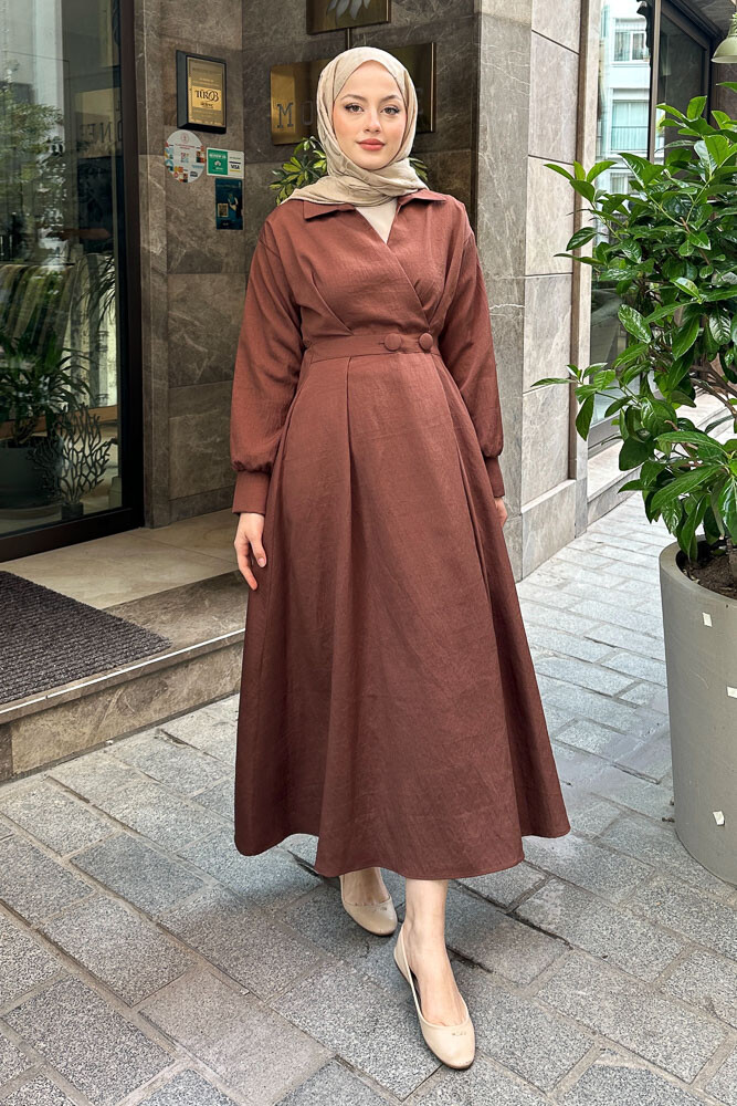 Belden Düğmeli Elbise - Acı Kahve - 2