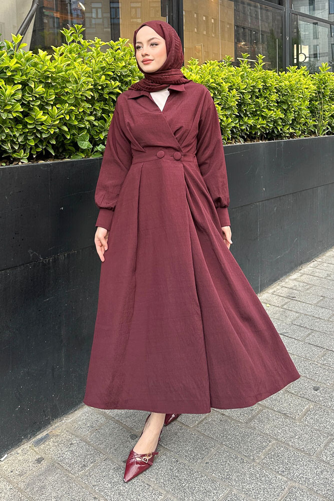 Belden Düğmeli Elbise - Bordo 
