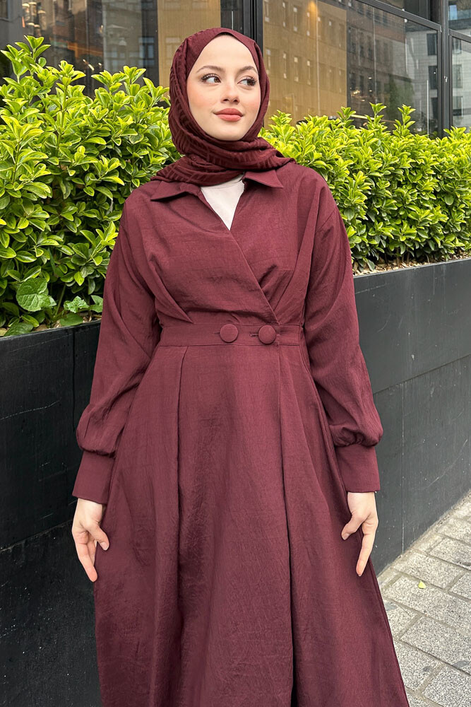Belden Düğmeli Elbise - Bordo - 3