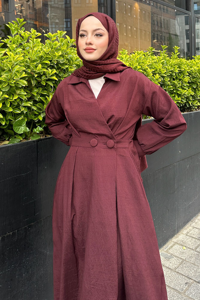 Belden Düğmeli Elbise - Bordo - 7
