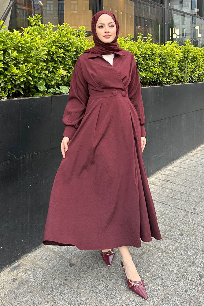 Belden Düğmeli Elbise - Bordo - 6