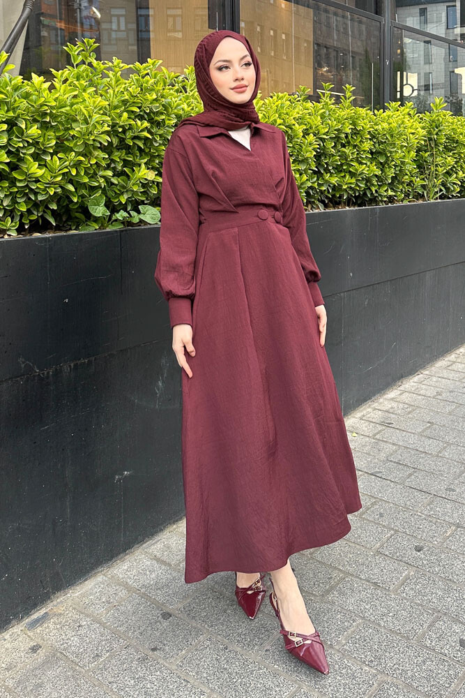 Belden Düğmeli Elbise - Bordo - 4