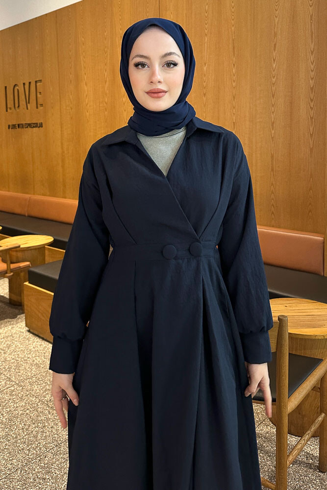 Belden Düğmeli Elbise - Lacivert - 5